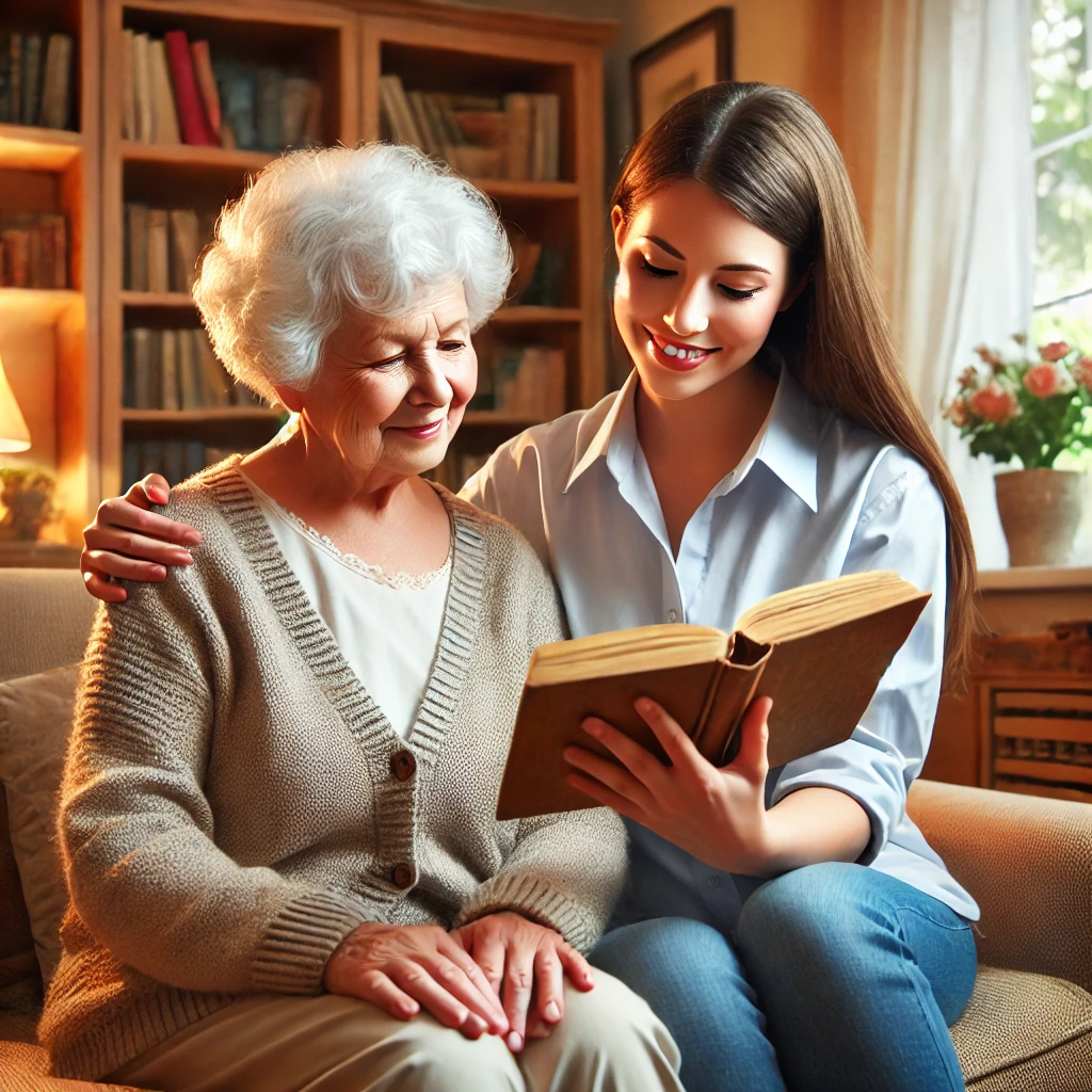 Alltagshilfe in Herne – Betreuerin liest Seniorin vor und unterstützt im Alltag zu Hause