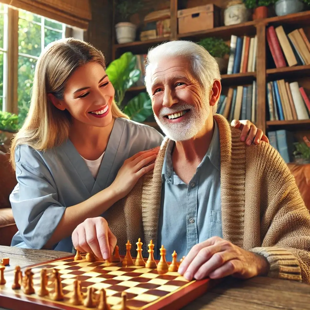 Haushaltshilfe in Herne – Senior spielt Brettspiel mit Betreuung und Unterstützung im Alltag